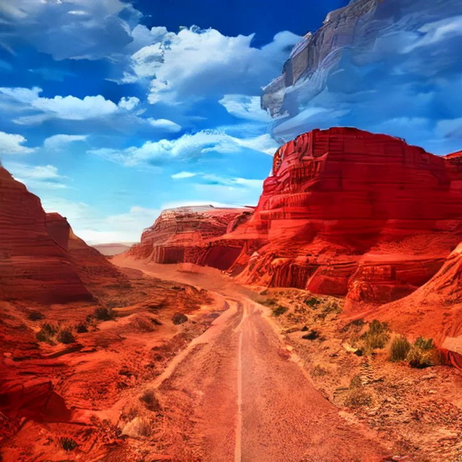 Surreal red canyon and distant road beneath blue sky