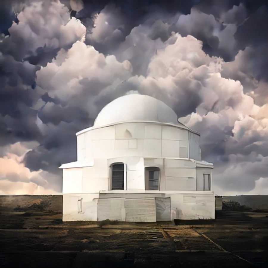 White geometric observatory beneath luminous clouds