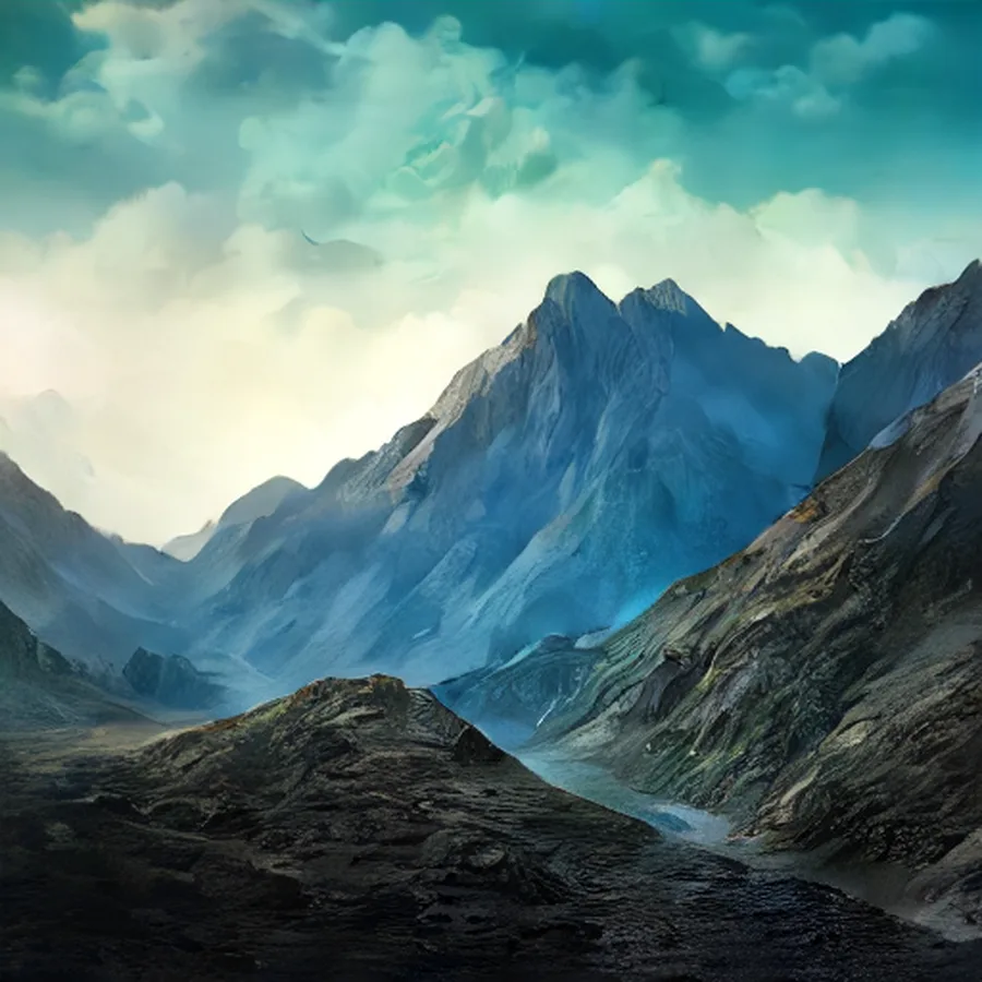 Cyan mountain glowing above misty dark foothills