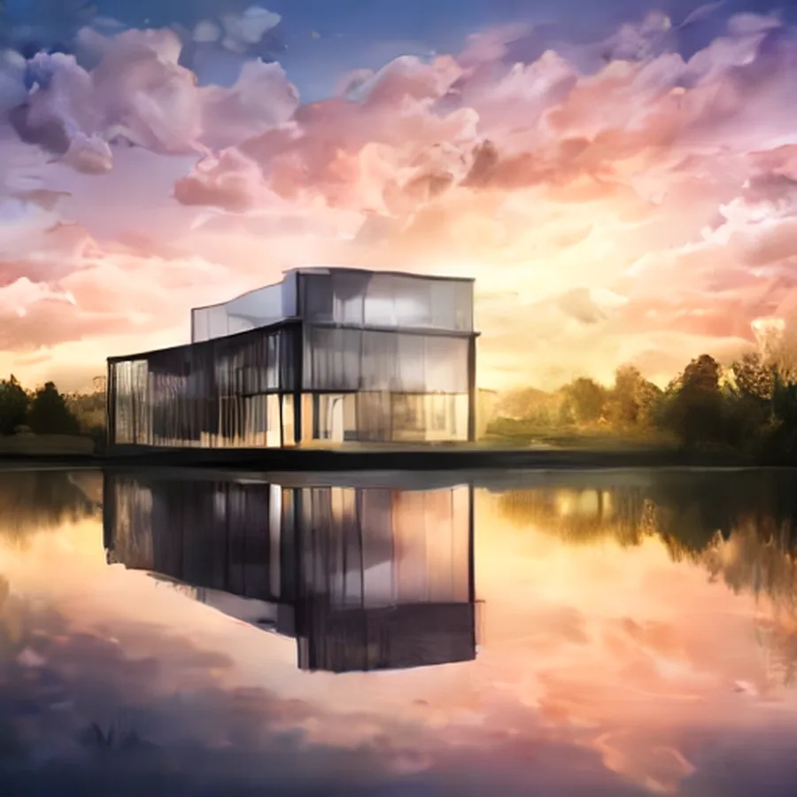 Glass house beside a lake reflecting sunset clouds