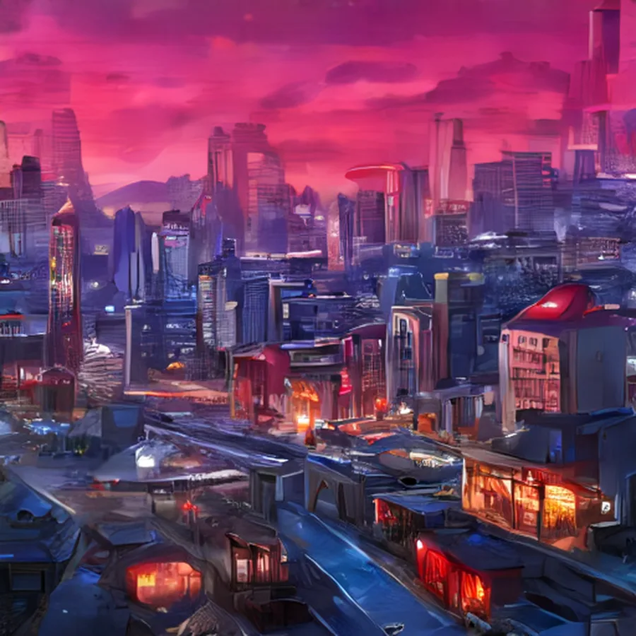 Futuristic city at blue hour beneath distant mountains