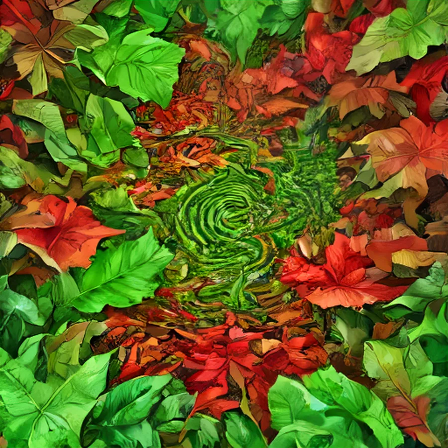 Dense red and green botanical labyrinth with hidden path