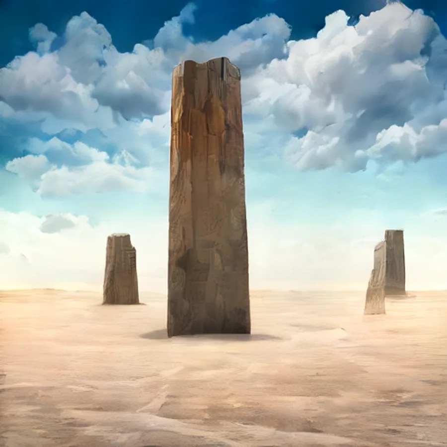 Impossible monoliths rising from a pale salt desert