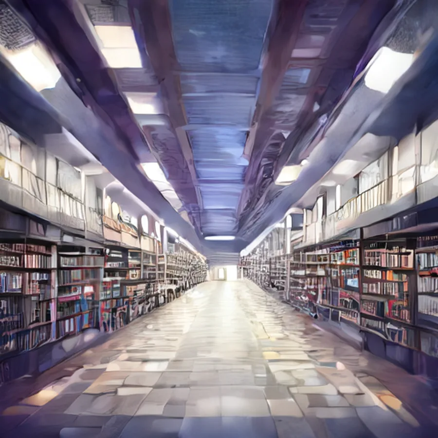 Futuristic library with bright aisle and floating lights