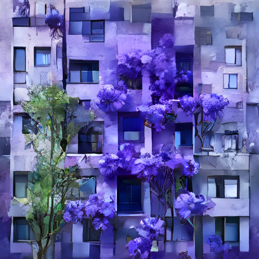 Violet flowers climbing dark geometric facades