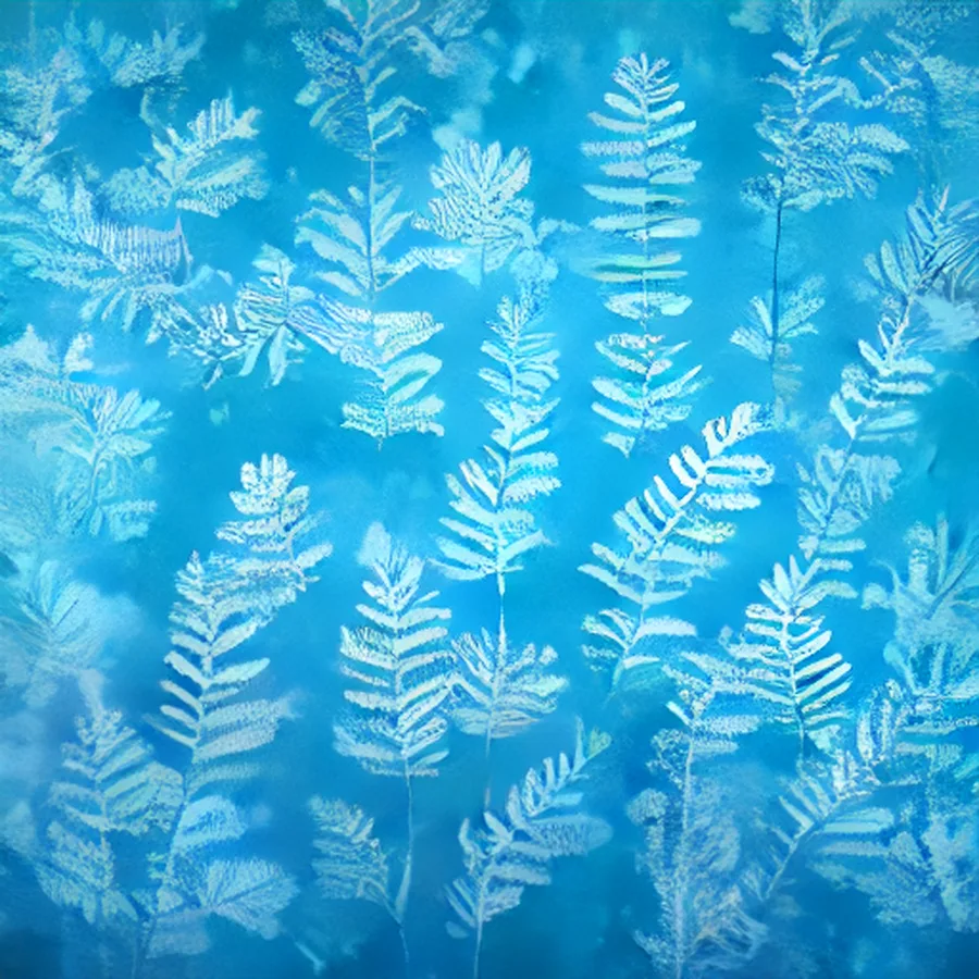 White fern silhouettes floating in a cyanotype blue field