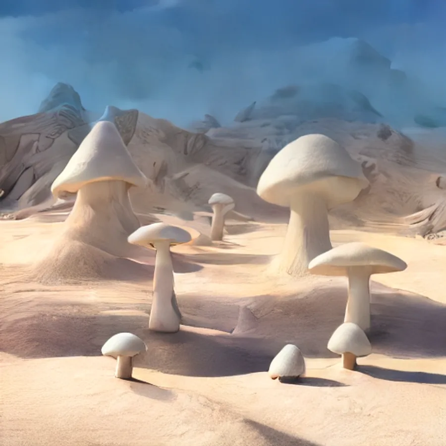 Pale mushroom forms casting shadows in a white desert