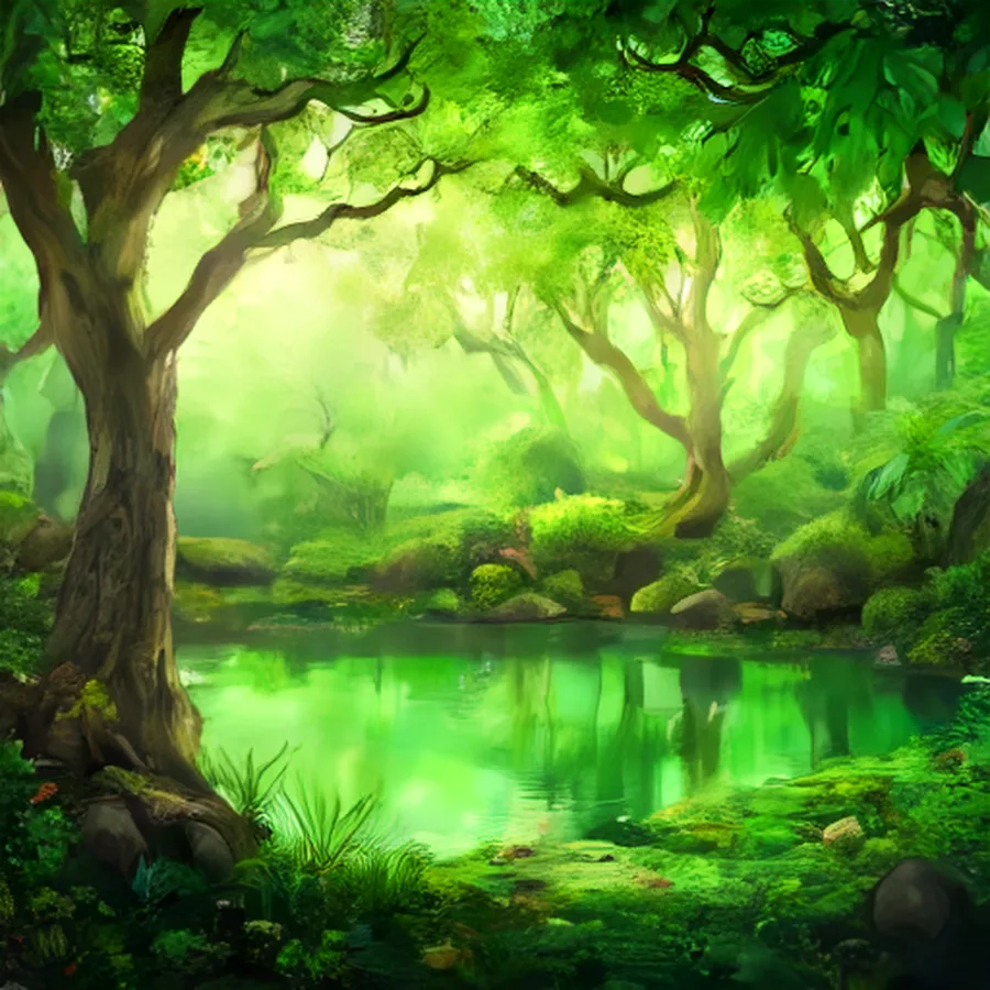 Secret botanical garden with pond and emerald light